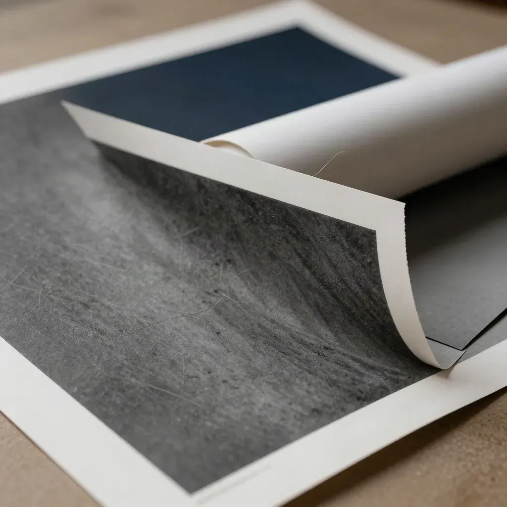 Macro of a white-bordered poster print edge lifting from charcoal seamless with tube and sample cards.