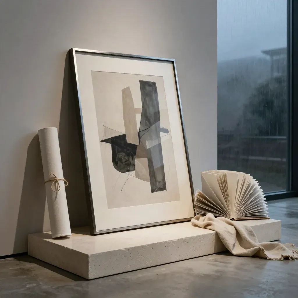 Oak-framed abstract print with rolled canvas, swatch book and linen drape in a blue-hour studio scene.