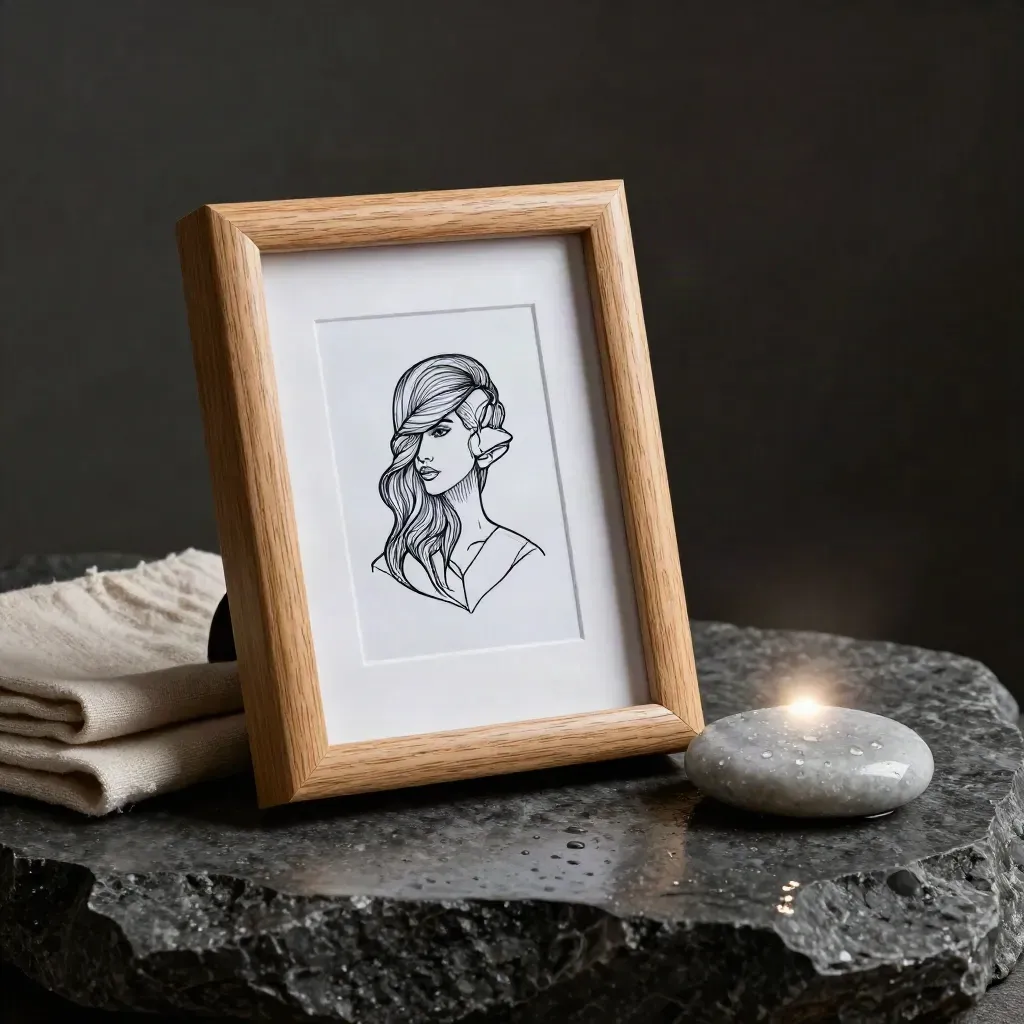 Framed line-art print in pale oak on wet basalt with linen and stone coaster.