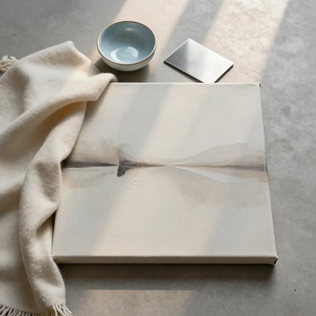 Overhead square canvas print partly wrapped in wool with bowl and metal block on concrete.