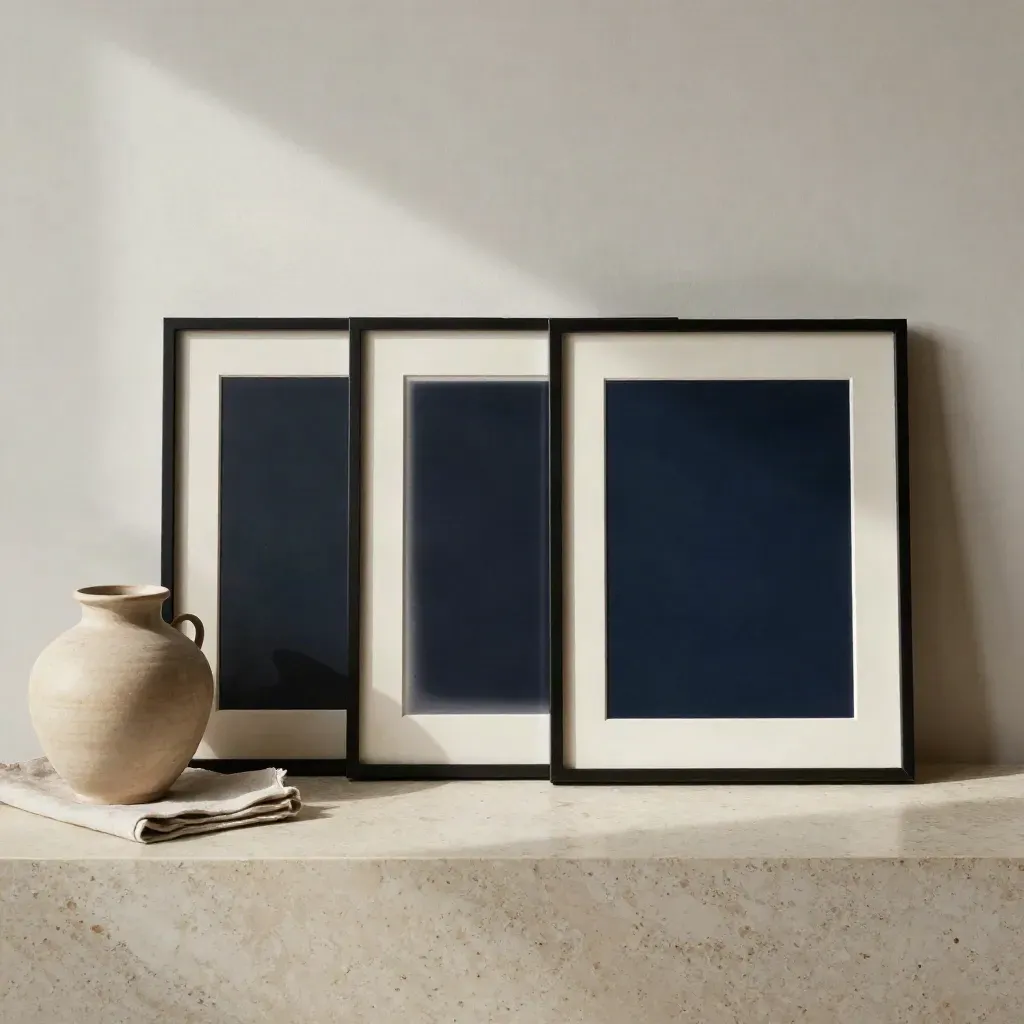 Three framed prints fanned beside a ceramic vessel and linen cloth on travertine.