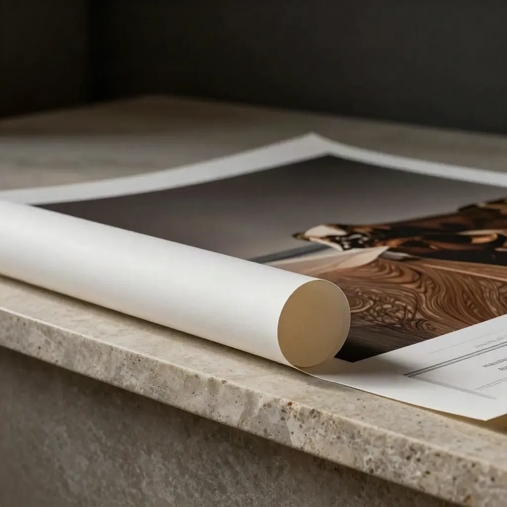 Long poster draped over pale stone with rolled proof and frame sample, close-up texture