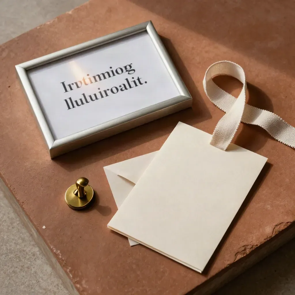 Overhead flatlay of a framed quote print with ribbon, card and brass clip on terracotta slab.