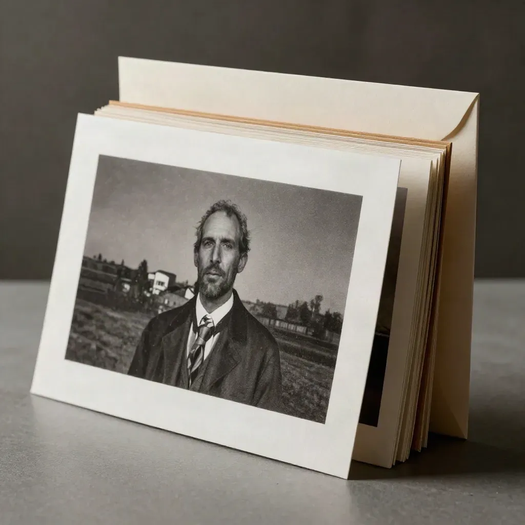 Photo enlargements stacked on oak with a backing board in moody studio light