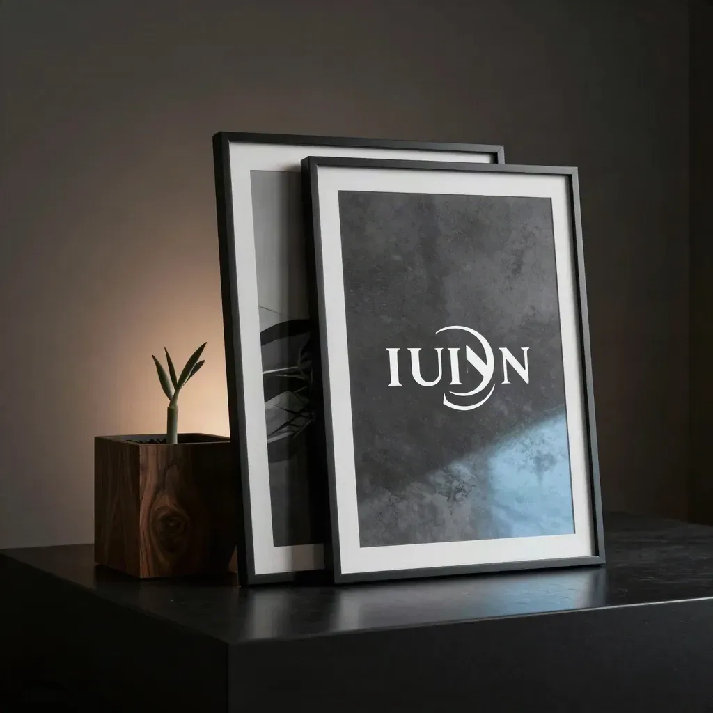 Two framed logo prints and a loose board beside a planter and wood block in a dark studio.