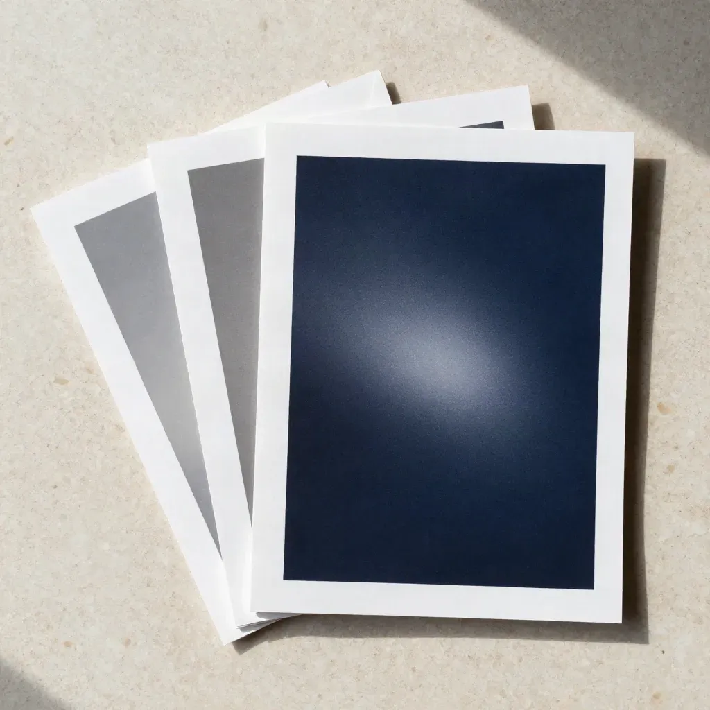Overhead flatlay of three matte art prints with backing card and tissue on pale travertine.