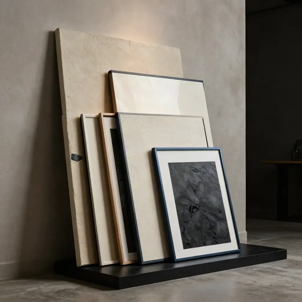 Oversized art prints lean in a dim studio with navy rim light and a bright central panel.