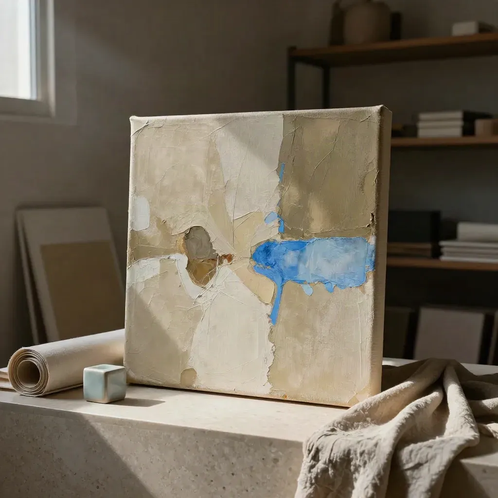 Square abstract canvas with linen swatch, ceramic cube and draped cloth on travertine.