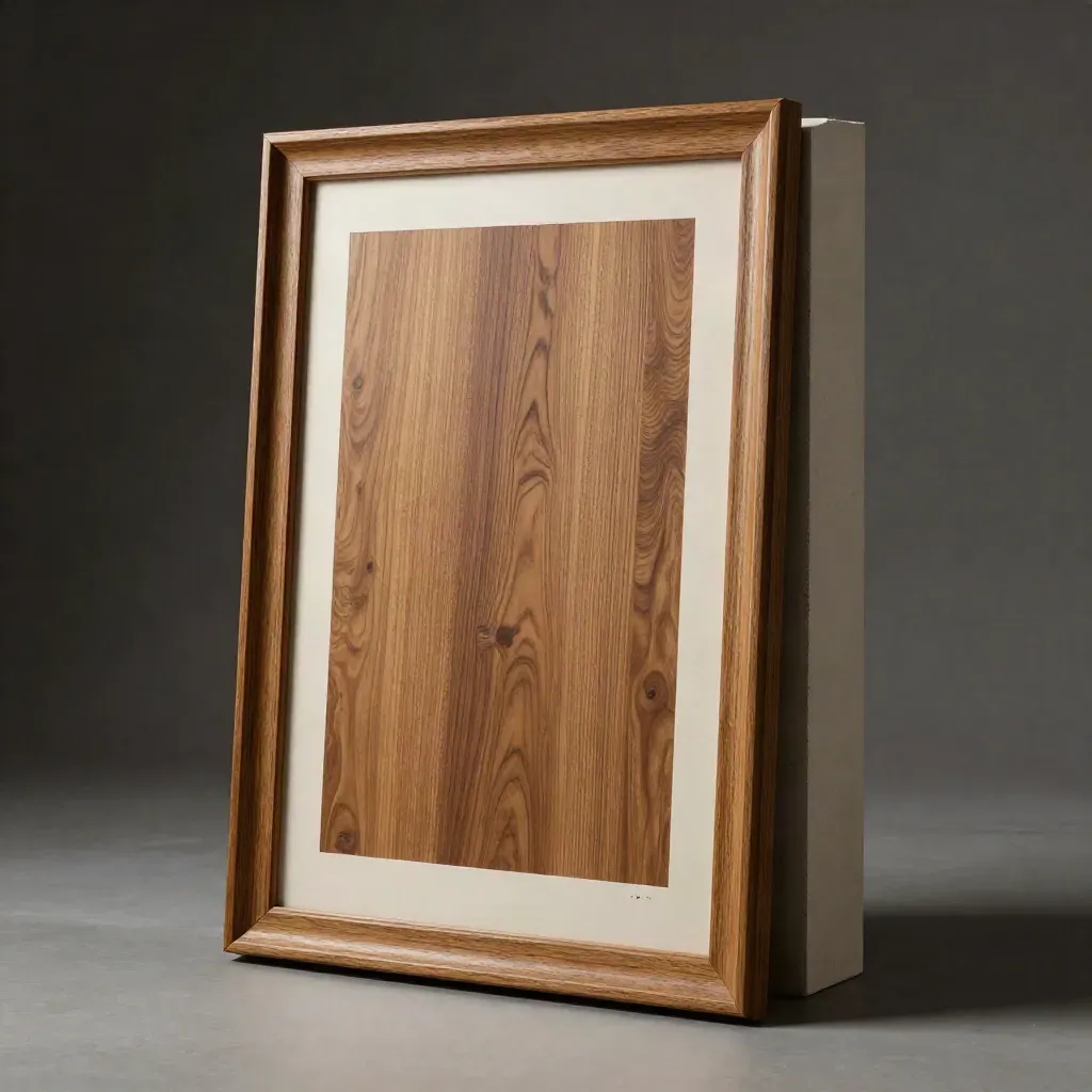 Oak frame poster detail against plaster, with corner guard and stone chip in moody light.