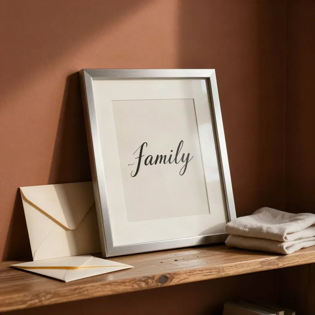 Framed family name print with proof sheet and folded envelope on a terracotta shelf.