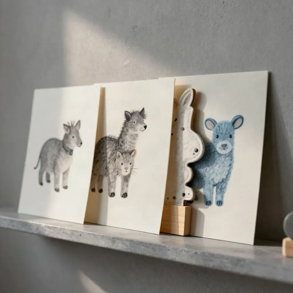 Four kids-room animal prints with felt toys and wooden blocks in cool macro light.