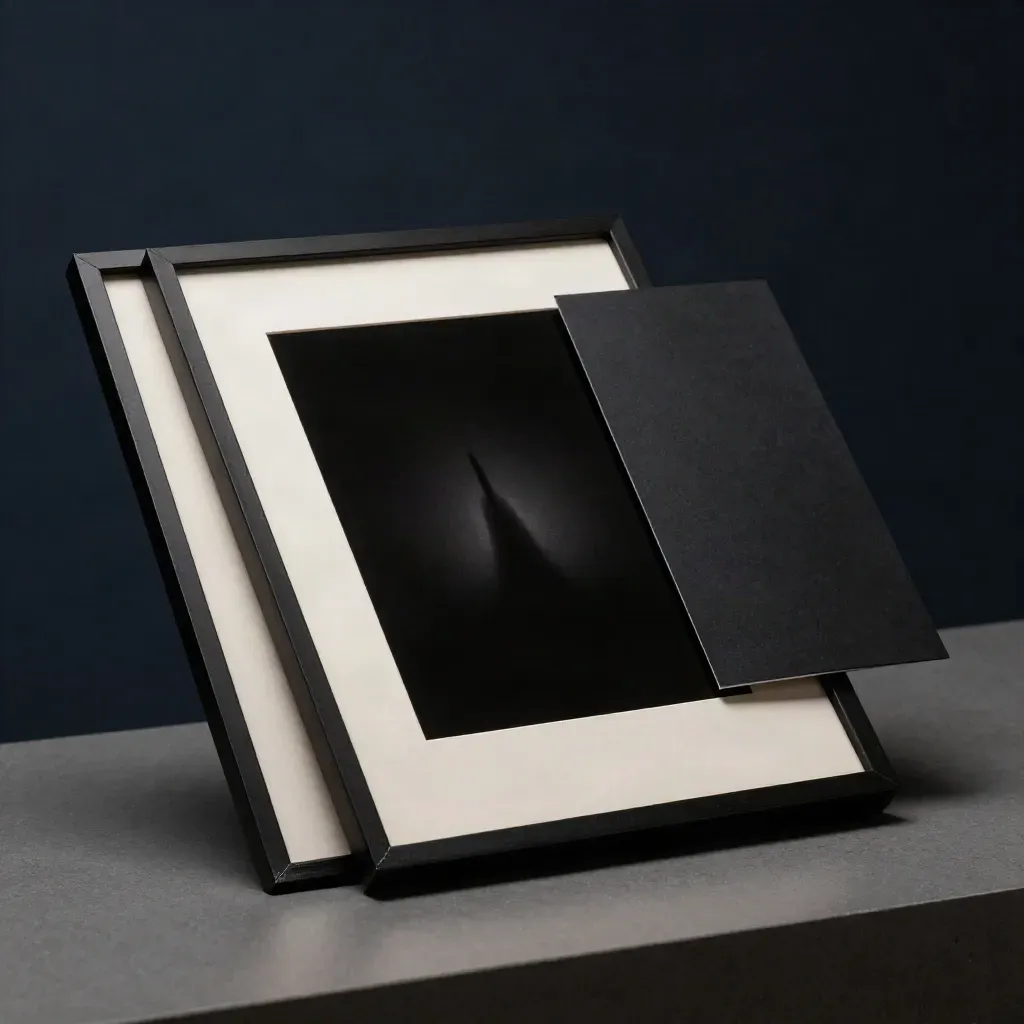 Black border frame with pale insert and sample board in a dark dramatic studio.
