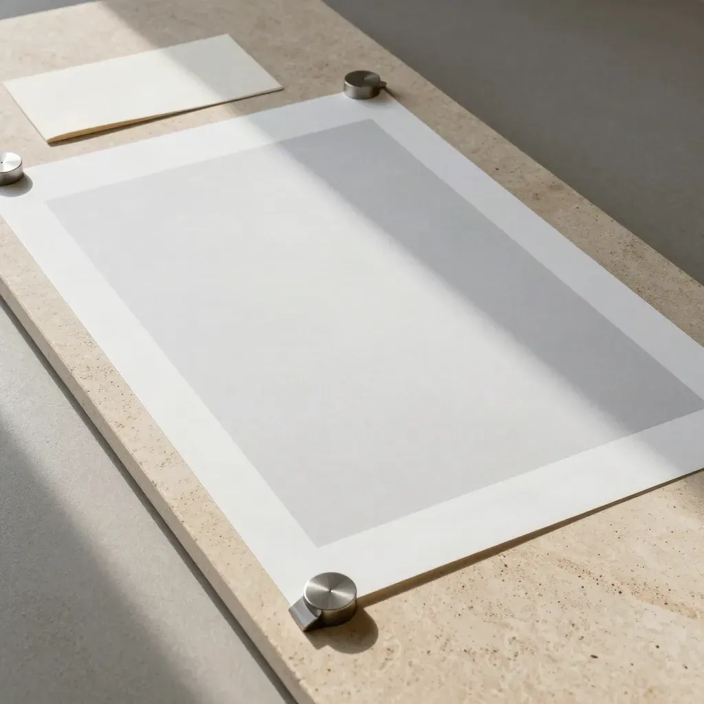 Overhead flatlay of a wide photo print pinned with two weights on a limestone board.