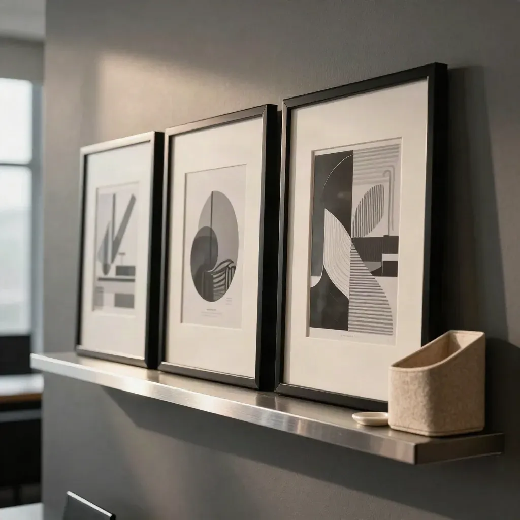 Slim black-framed office logo wall art with a brushed aluminium shelf and ceramic tray