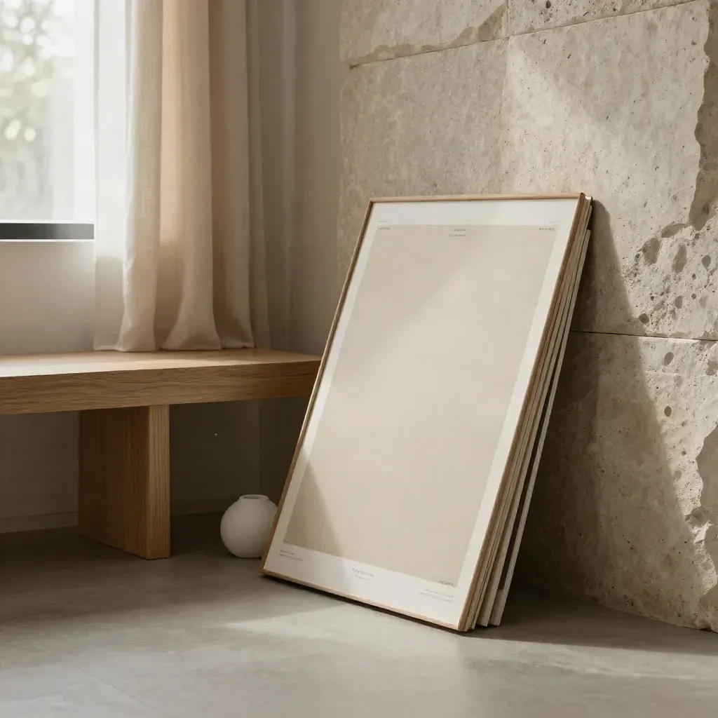 Quiet limestone corner with blank poster stack, curtain edge, and calm floor space