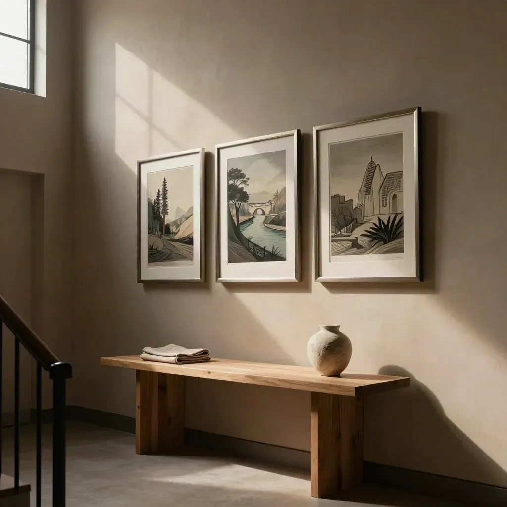 Sunlit hallway with framed prints, pale oak console, and plaster wall shadows.