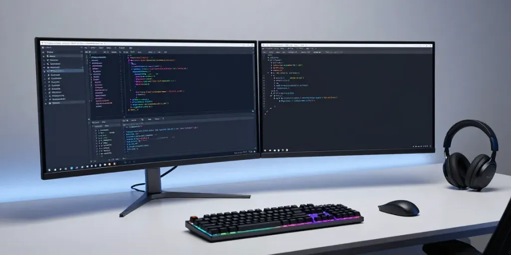 Buy .co.uk domain in a tech workspace with a developer coding, utilizing tools for software development.